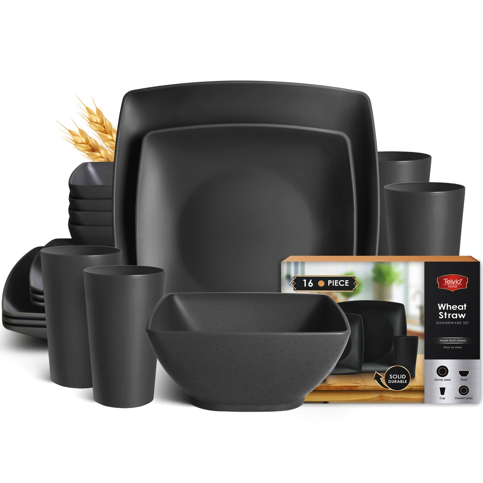 Teivio 16-piece Wheat Straw Square Dinnerware Set for 4, Unbreakable Dinner Plates, Salad Plates, Snack Bowls, Tumblers 20 oz, Dishwasher Safe, Black