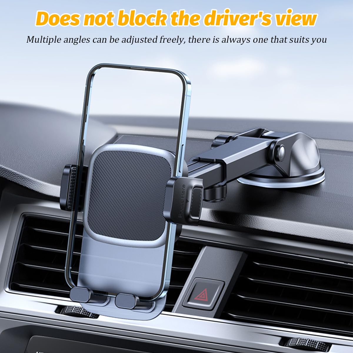 Zpana Supporto per telefono da auto, regolabile a 360° per cruscotto e parabrezza con base a ventosa e braccio telescopico, accessori per smartphone per auto, misura universale