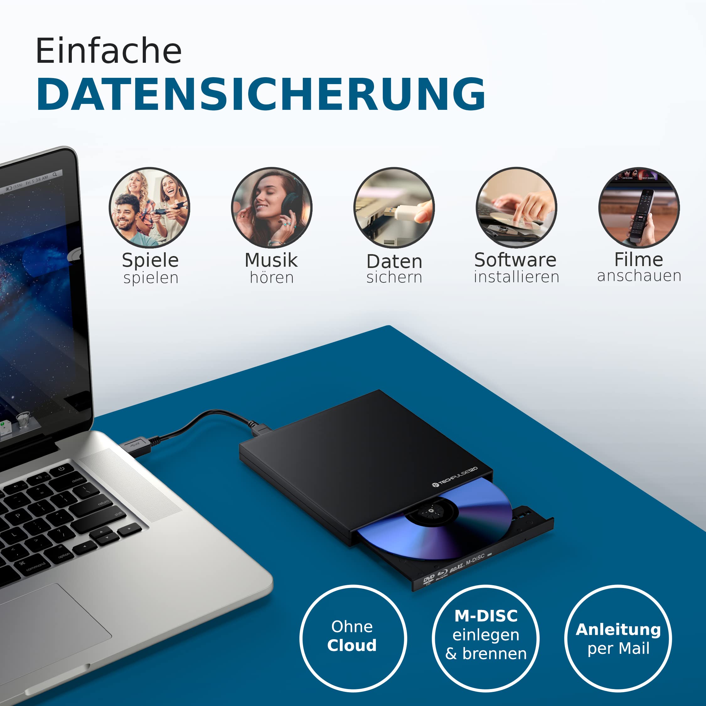 techPulse120 USB 3.0 Typ-C externer Blu-ray Brenner 3D M-Disc BDXL 100GB Burner Superdrive Blueray Laufwerk BD DVD CD Slim für Computer Notebook Ultrabook Windows MacOS Apple iMac MacBook ABS Schwarz