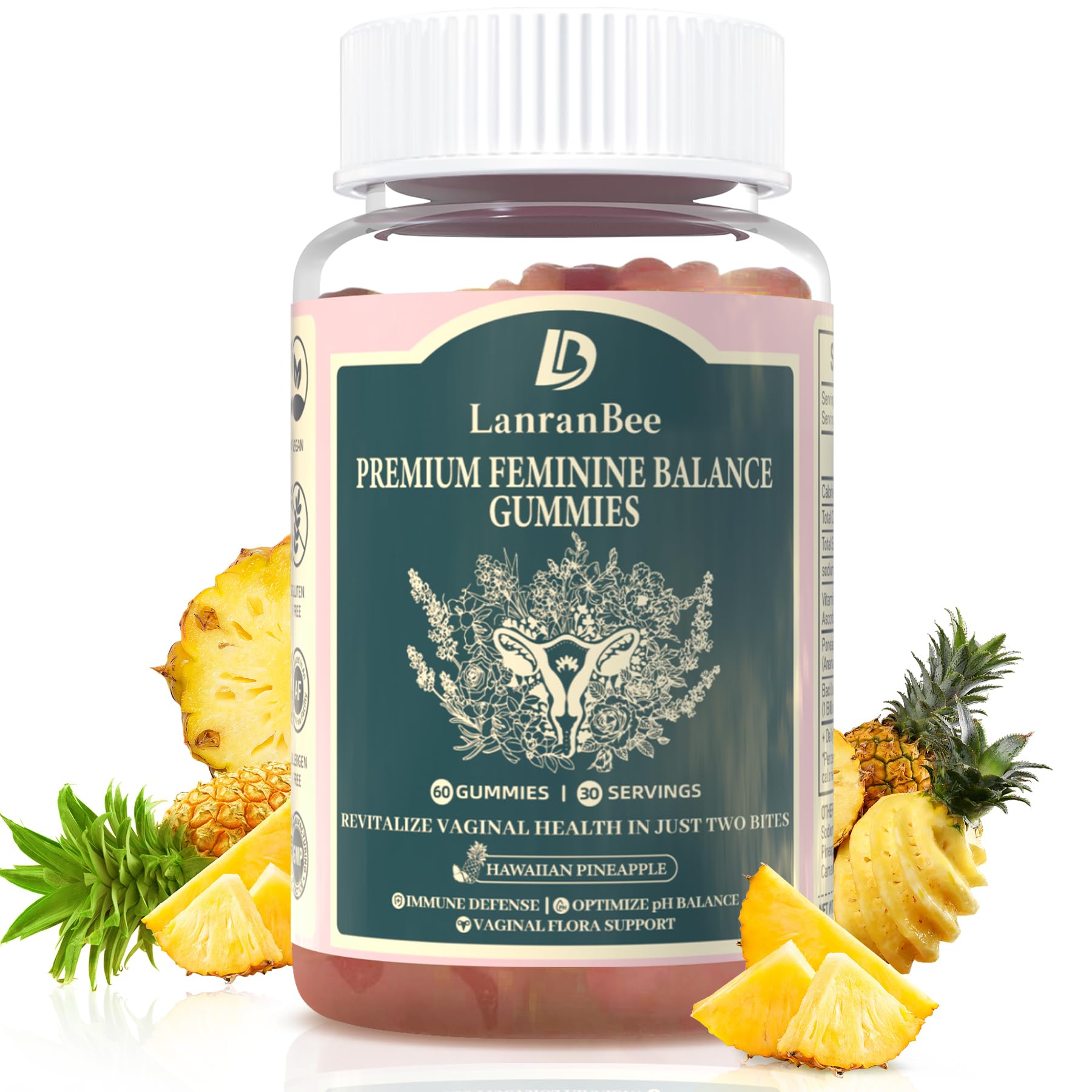Premium Feminine Balance Gummies - for Women’s Health & Wellness - Immune Support - Vegan, Gluten-Free & Halal - Hawaiian Pineapple - 60 Gummies - 30 Servings (1)