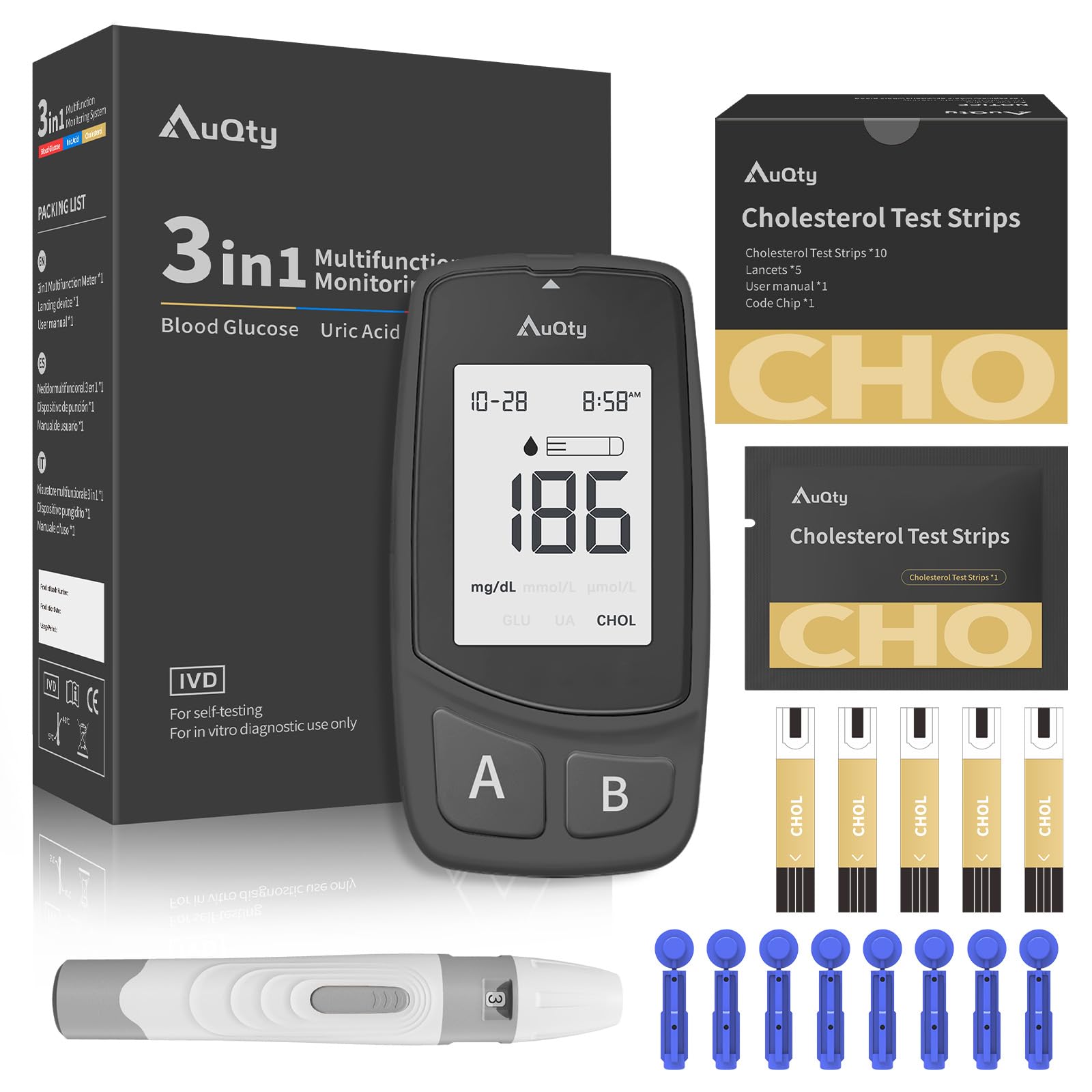 AuQty 3-in-1 Cholesterol Monitor