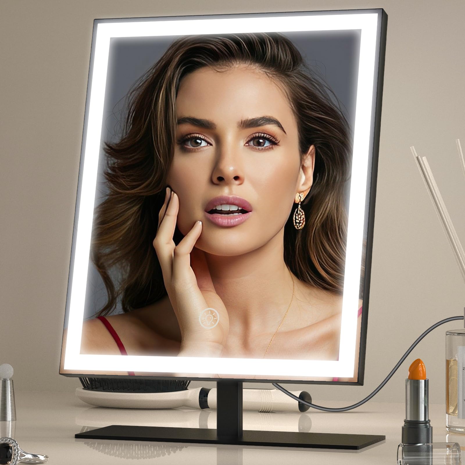 Vanity Mirror with Lights, Makeup Mirror with 3 Color Lighting, Dimmable Hollywood Vanity Mirror, 13.5"H x 10"W Tabletop Lighted Make Up Mirror, Black Desk Mirror for Teen Girl Women, Room Decor