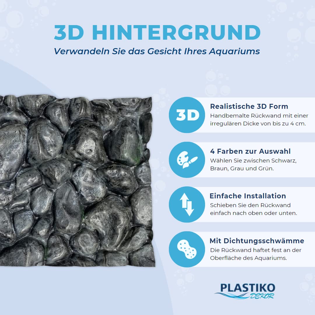 PLASTIKO - Fond d'aquarium 3D | Fond de 80 x 40 cm | Facile à installer et à nettoyer | Aucun collage nécessaire | Sécuritaire pour les animaux | Gris avec un motif de galets