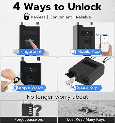 Miniatura 3 de eLinkSmart Candado de huellas dactilares con respaldo de llave, resistente a la intemperie, Bluetooth, biométrico, sin llave, electrónico, digital,