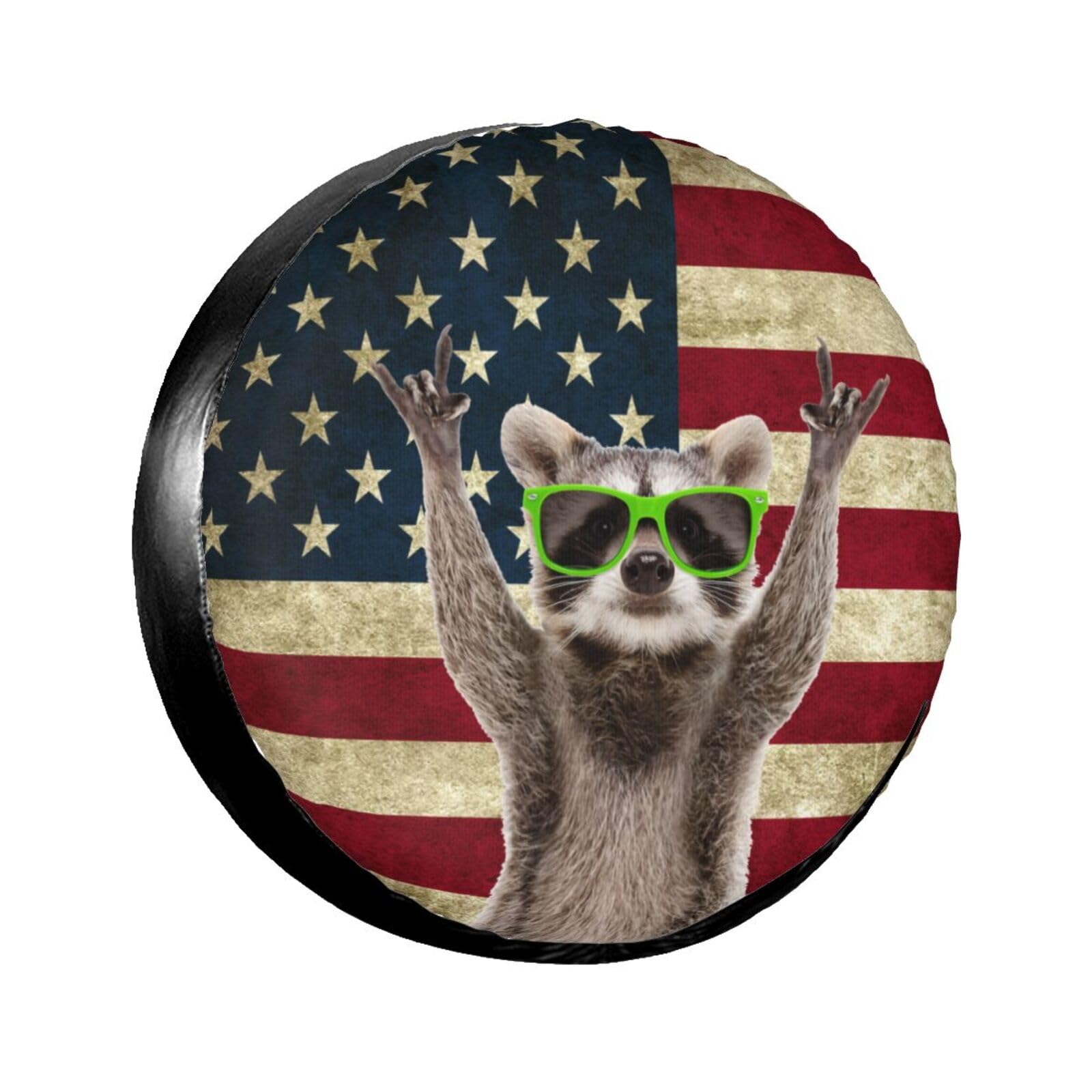 Cute Raccoon Spare Tire Cover American Flag Tire Wheel Covers Waterproof Wheel Tire Protector Weatherproof Dust-Proof Tyre Covers Universal Fit for