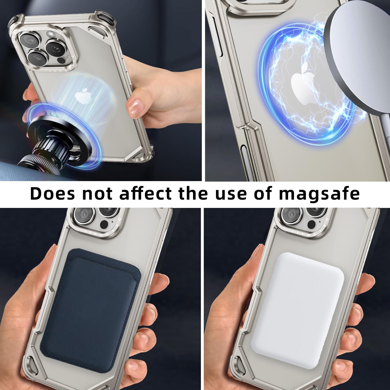 Custodia antiurto per iPhone 16 Pro Max, in alluminio sottile e sottile, senza design posteriore, con MagSafe, 4 airbag angolari antiurto, senza cornice, per iPhone 16 Pro Max (argento)