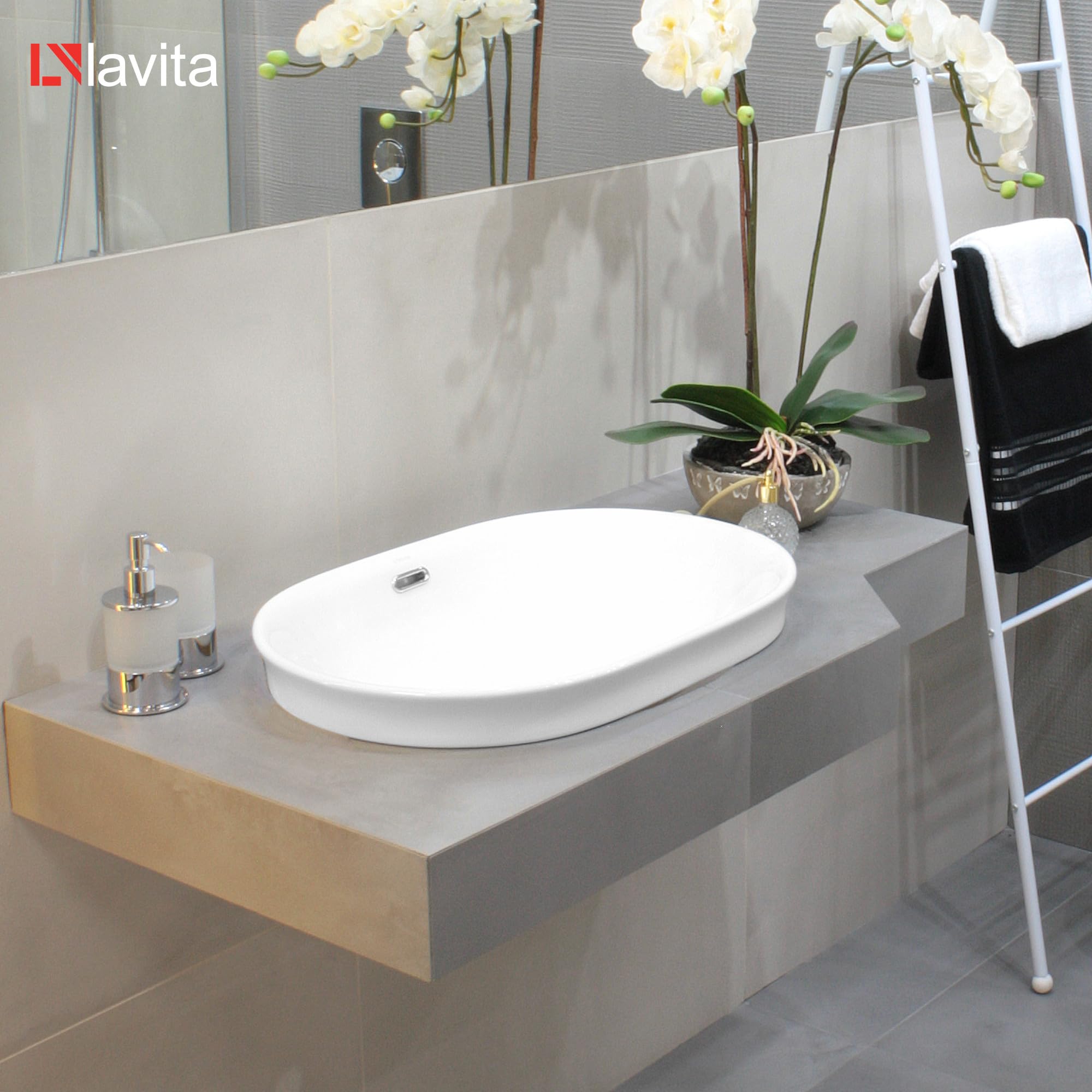 LAVITA Puebla Lavabo Suspendu Rond Faience Salle de Bain Evier Ceramique avec Trop-plein et sans Trou de Robinetterie - Céramique de Qualité Supérieure - 60 x 39 x 16,5 cm - Blanc Brillant