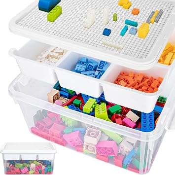 TERGOO 17QT Multipurpose Plastic Storage Box with Baseplate Lid, Stackable Craft Organizers and Storage Containers with Removable Tray, Clear Art Bin Organizer for Building Bricks, Bead White lid