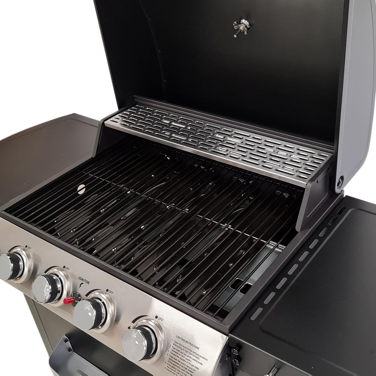 LOFOTEN - Barbecue Gaz 4 brûleurs - Puissance 12 kW - 118.5x57.5x104.5cm - Capot de fermeture avec thermomètre - 2 Grilles en acier chromé, 2 Etagères latérales, 1 Plateau bas - 2 Roues - Noir