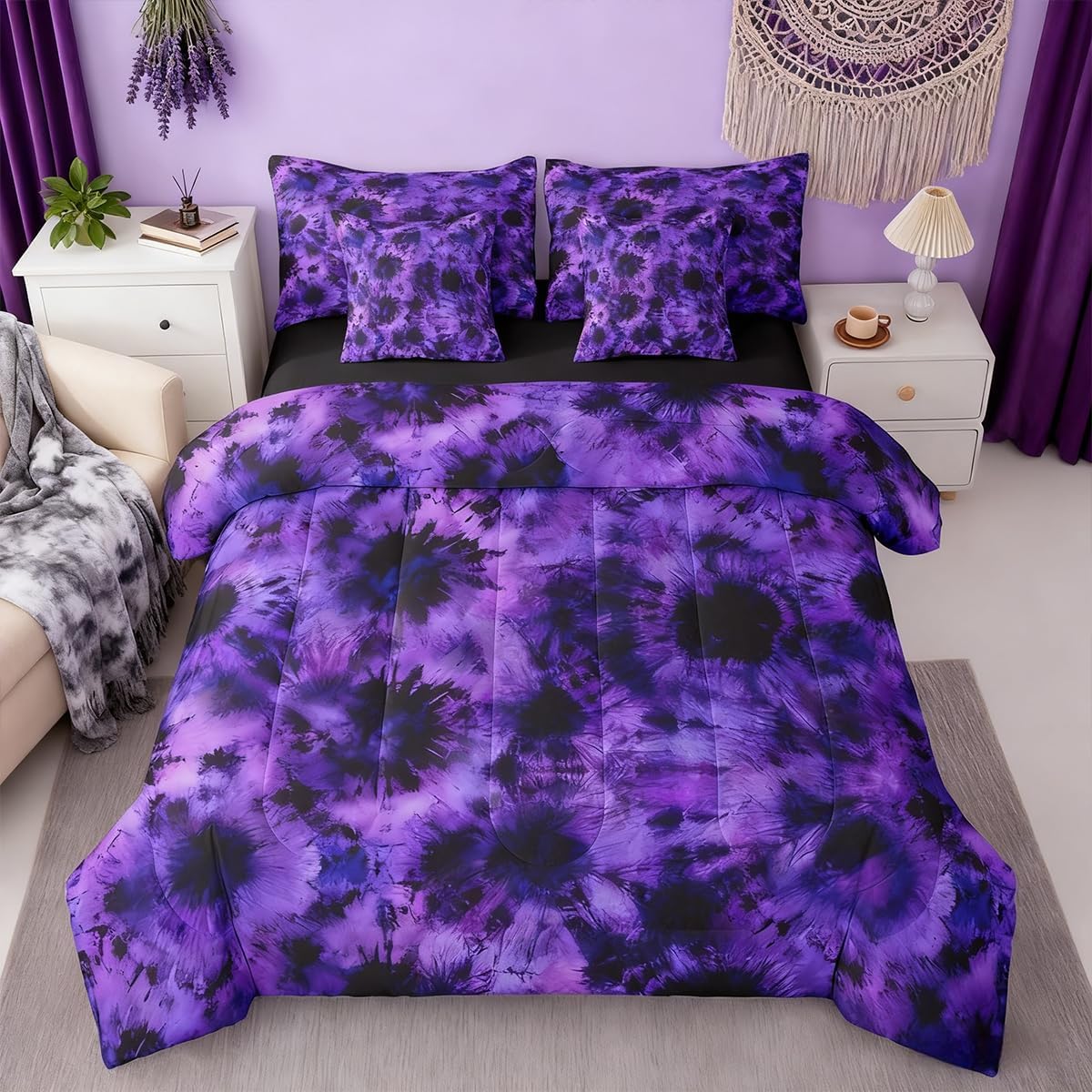 Castle Fairy Tie Dye Comforter Set 7 Pieces Reversible,Boho Bed Set for Boys Girls,Purple Black Swirl Bedding Soft Twin (1 Comforter,2 Pillowcase,2 Pillow Covers,1 Flat Sheet,1 Fitted Sheet)