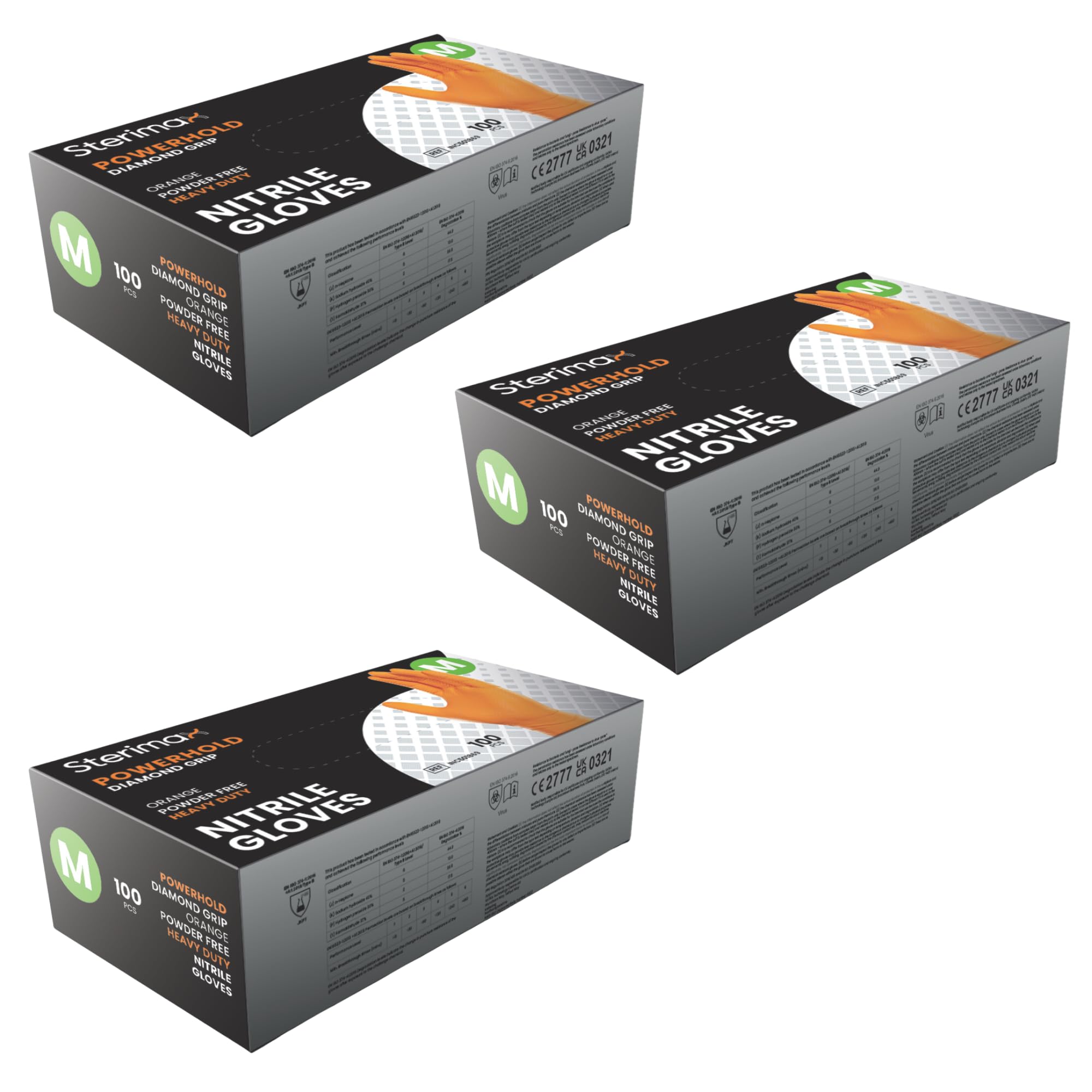 IDEAL 365 PowerHold Nitrile Diamond Grip Gloves – Tough Heavy Duty 0.22mm Thick Disposable Gloves, Chemical Splash Resistant, Food Safe, Latex Free, Industrial Grade (100 Pack) (3, Orange, Medium)