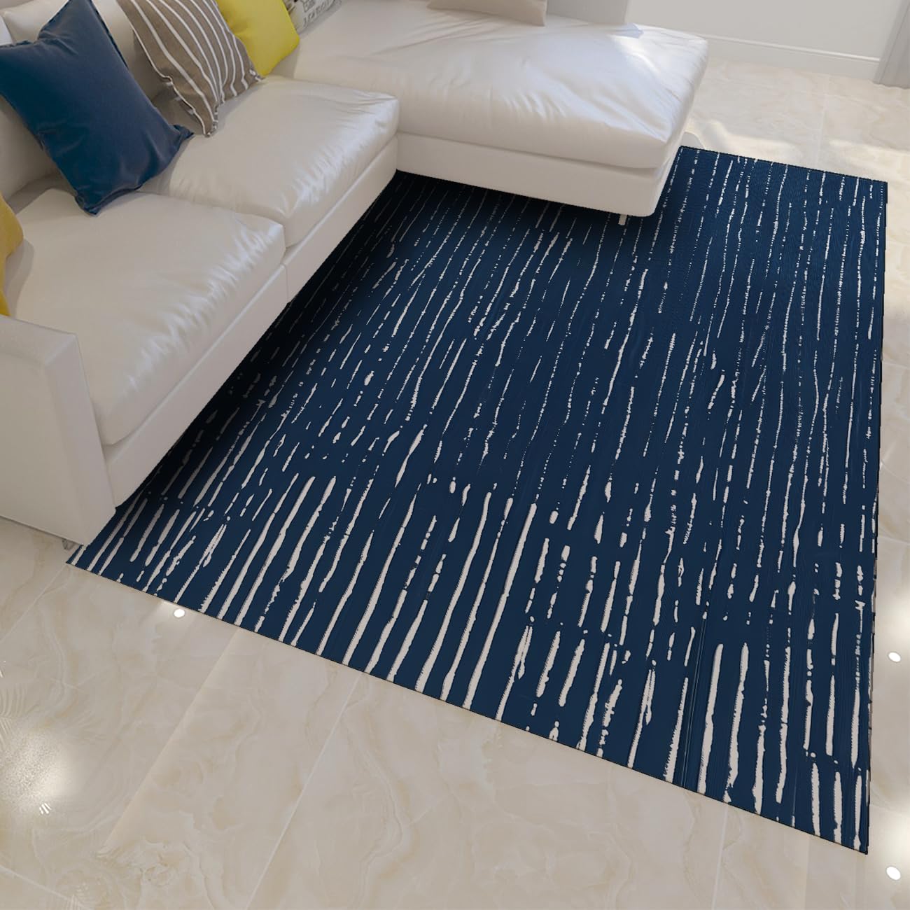 180x210cm Descente de lit Bleu marine Rayures abstraites Poils courts