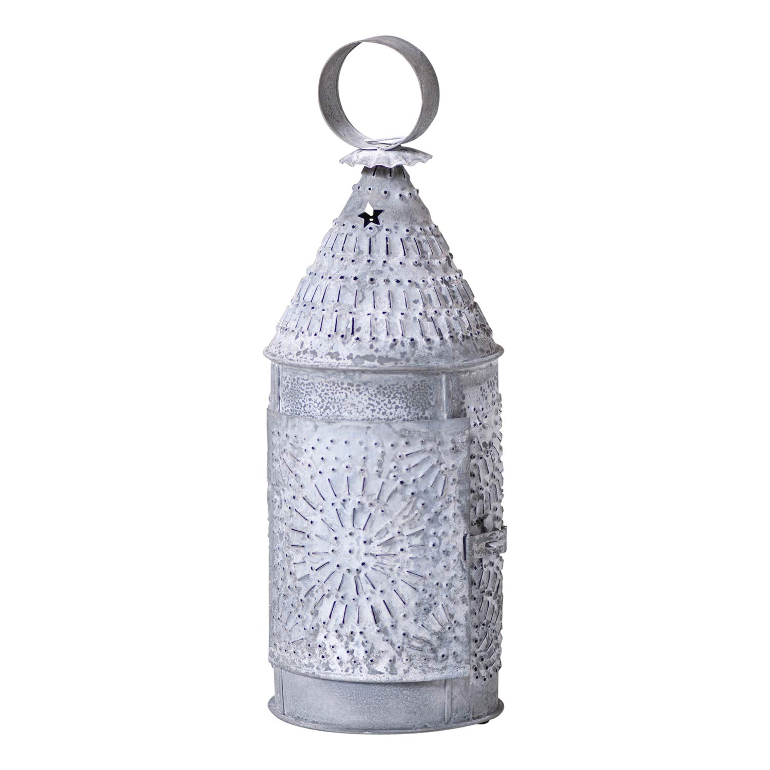 It Weathered Zinc Punched Tin Baker's Lantern, Country Candle Holder