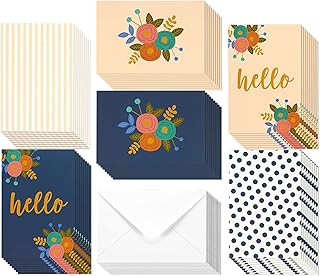 48 Pack All Occasion Hello Note Cards - Assorted Greeting Card Bulk Box Set, 6 Modern Floral Flower Designs, Blank on The Inside, Notecards with Envelopes Included, 4 x 6 Inches