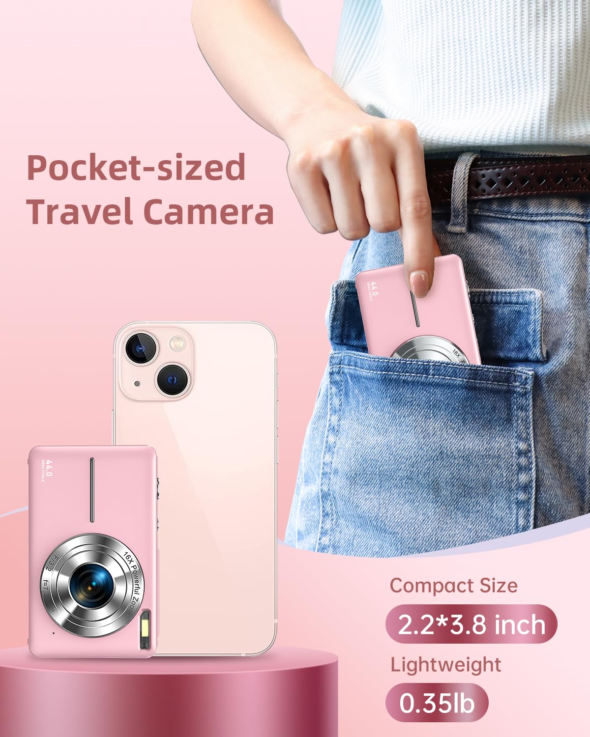 CAMKORY Digital Camera, Full HD 1080P Point and Shoot Camera, 44MP Kids Camera with 32GB Card, 16X Zoom, Pink — view 3