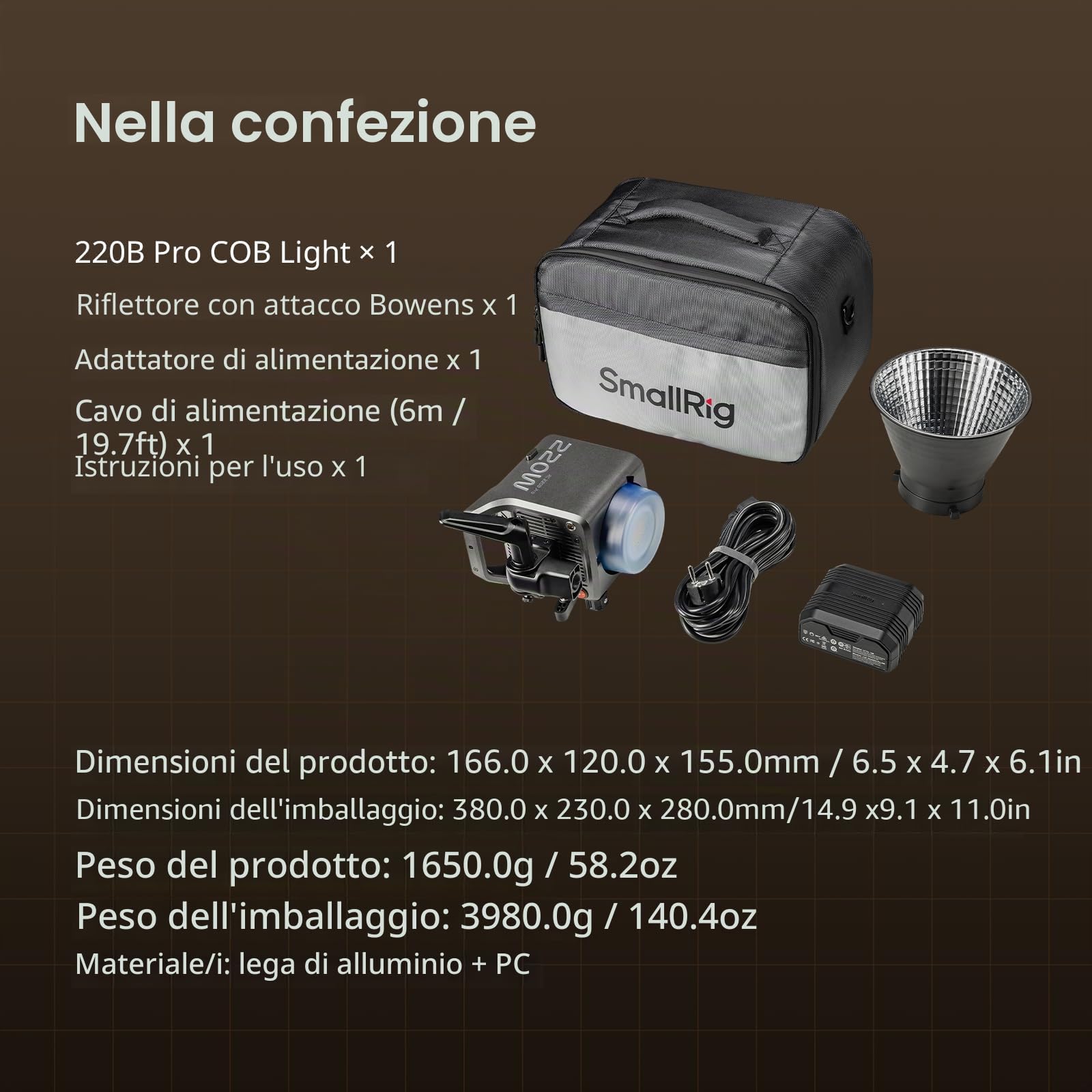 SMALLRIG RC 220B Pro Luce Video COB da 220 W, Luce Video Bicolore da 2700 K a 6500 K, Luce con montatura Bowens CRI 95+, Compatibile con 3 Metodi di Alimentazione - 4621