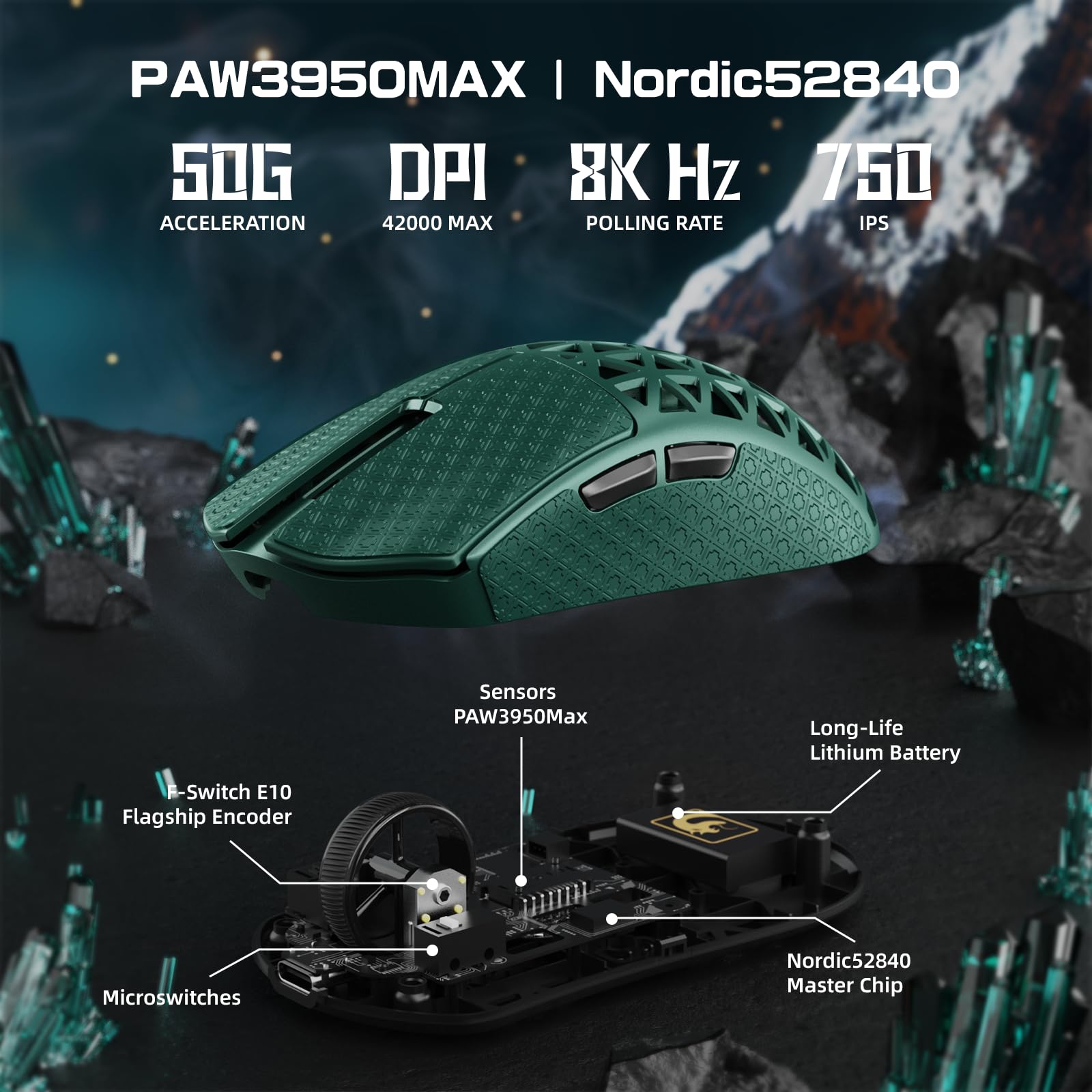 MAMBASNAKE M5 Ultra Souris de Jeu sans Fil en Fibre de Carbone 8000Hz, Jusqu'à 42 000 DPI, Capteur PAW3950 Max, Ultra-légère de 39g, Puce Nordic 52840, 2,4GHz/BT/Filaire, pour PC/Xbox/Mac - Vert