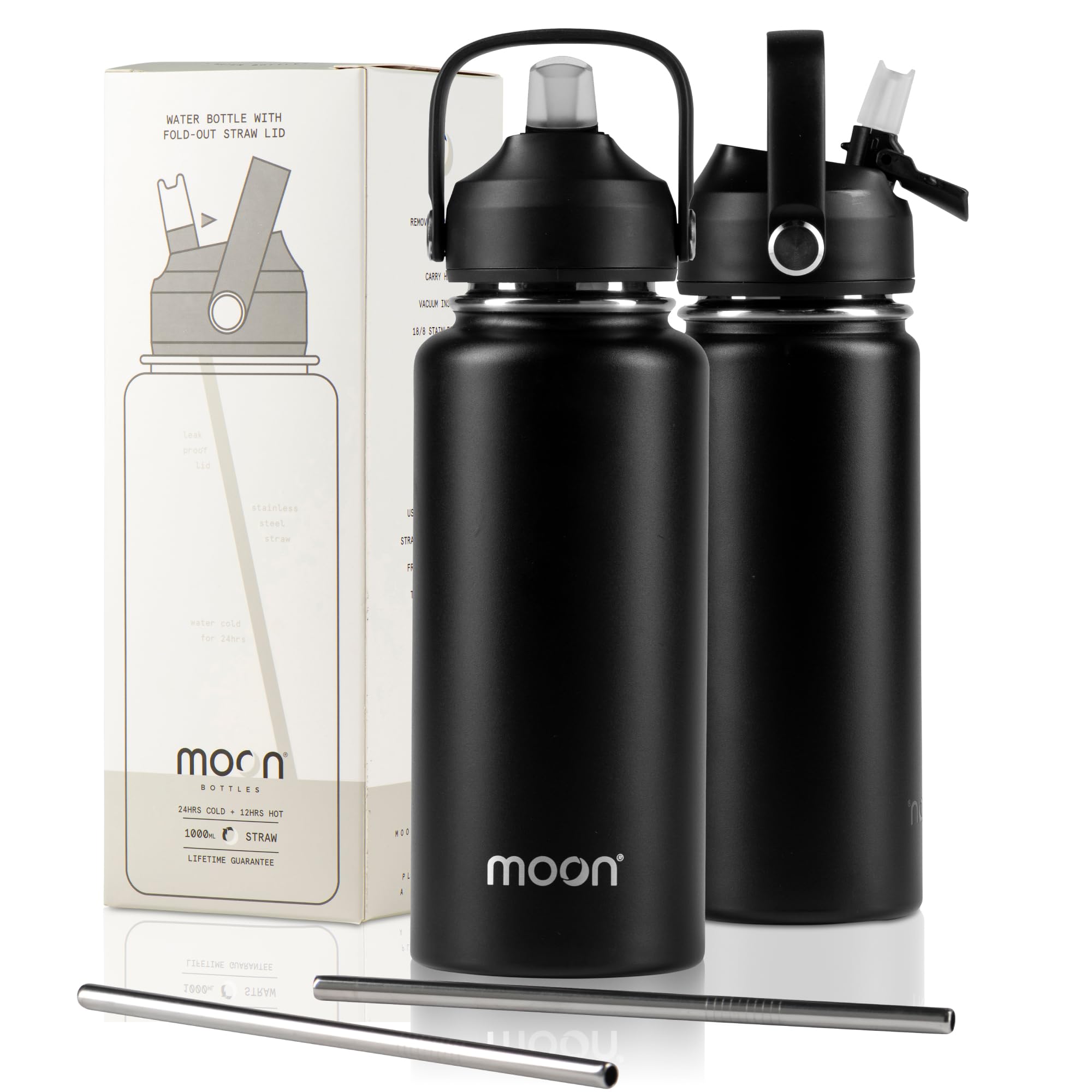 Moon Bottles, Insulated Water Bottle with Straw, Stainless Steel Sports Drink Bottle, Thermal Flask, 24hr Cold, 12hr Hot