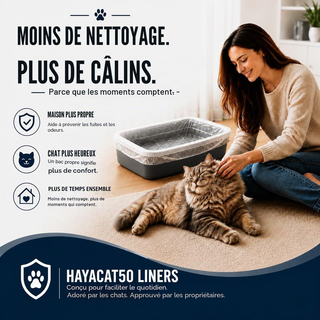 HayaHome Eco 50 grands sacs de litière pour chat en rouleau 40 μm 80 x 36 cm résistants aux rayures et respectueux de l'environnement 100 % matériaux recyclés