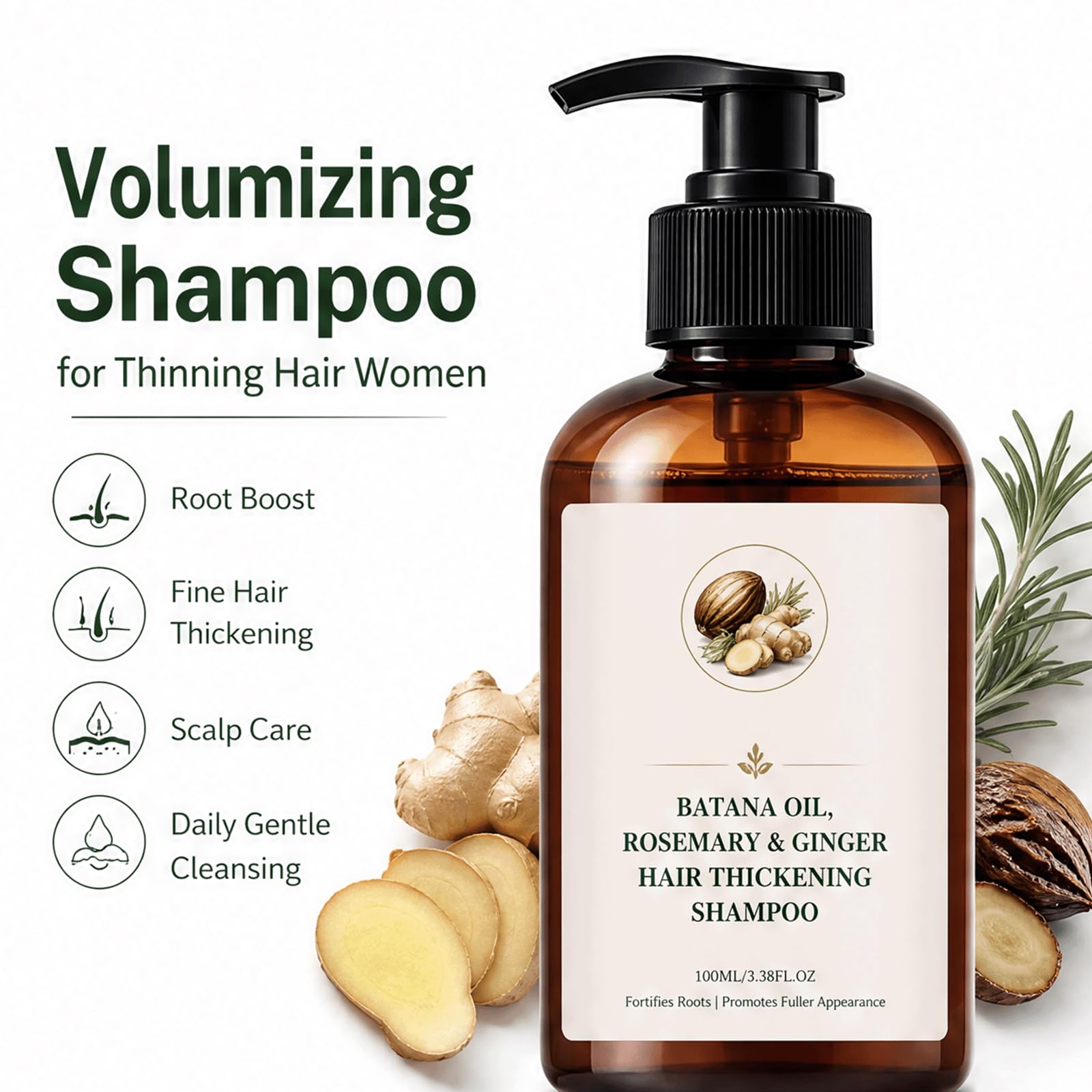 Batana Oil Rosemary Imbirowy Szampon Volumizing Thin Hair Root Boost - Naturalny ziołowy szampon zagęszczający dla kobiet, Delikatna roślinna codzienna pielęgnacja skóry głowy, (5 szt)