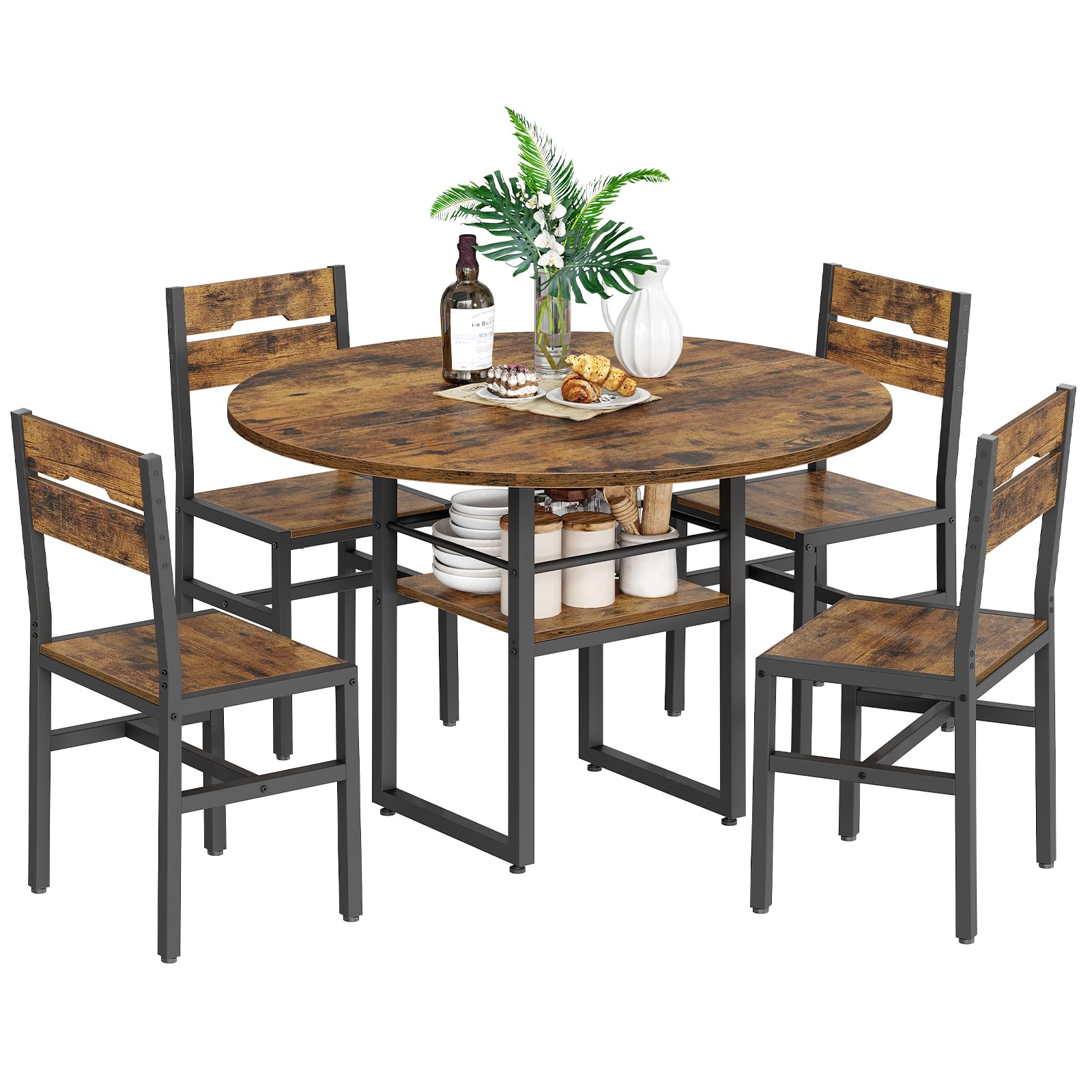 RALGEND Round Dining Table Set for 4, Circle Kitchen Table and 4 Chairs, 5 piece Dining Table Set, with Wooden Tabletop and Widen Seat, Space Saving,