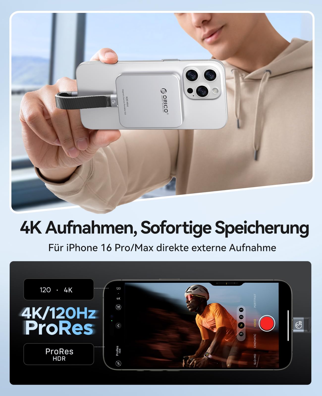 ORICO 512GB Magnetische Externe SSD, 4K ProRes HDR Aufzeichnung und Speicherung, Portable SSD bis zu 2000 MB/s, Nur Kompatibel mit iPhone 15/16 Series, Smartphone, Computer mit Typ-C Anschluss K20Mini
