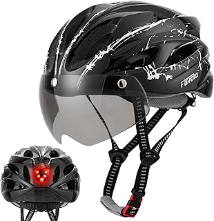 Favoto Men's Bicycle Helmet with Light – Women's Helmet Lightweight Breathable with Glasses Rear Light Removable Inner Lining EPS In-Mould Technology 57-61 cm Adjustable