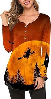 Halloween Tops for Women Pumpkin Print Long Sleeve Shirts Women's Fall Winter Pullover Tops Fashion Henley Shirts V Neck Button Top Ladies Loose Plus Size Sweatshirts Halloween Costumes for Women