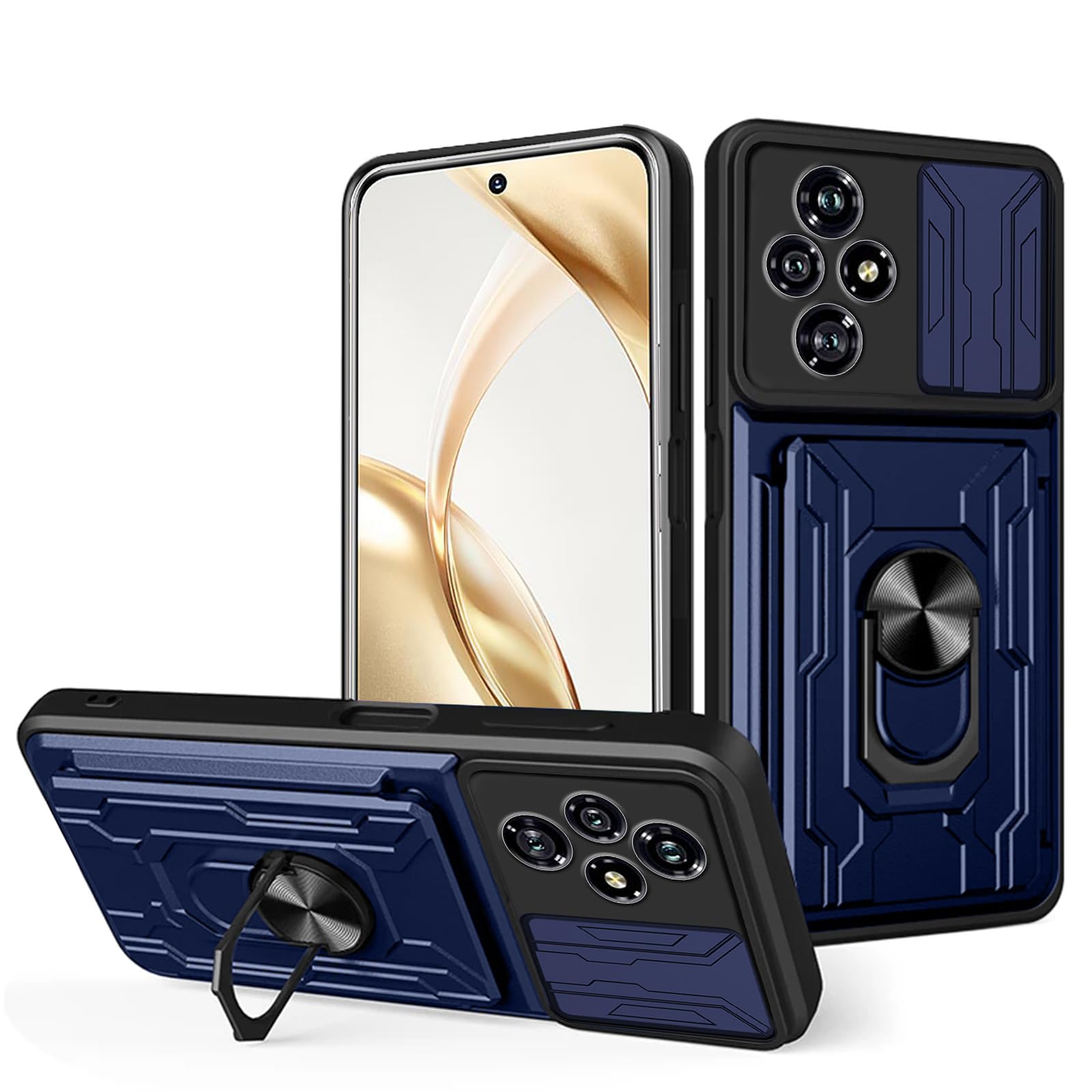 carinacoco Case for HONOR 200 5G, with Slide Camera Cover+Rotating Finger Ring Stand+Removable Card Holder, Soft TPU+Hard PC Anti-Scratch Military Grade Shockproof Rugged Armour Cover, Blue