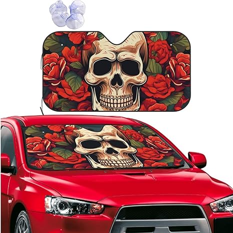 Car Windshield Sun Shade Cover Sugar Skull Rose Sunshade Foldable Car Sun Shield Car Windshield Sunshade for Truck Car Windshield Cover for Most Sedans