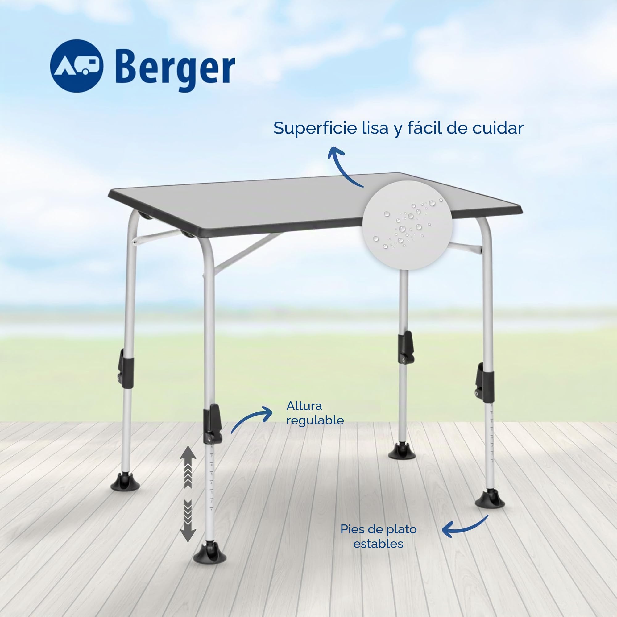 Berger Mesa plegable de camping de aluminio y madera MDF | Mesa de jardín, para exterior o interior, regulable en altura | Ivalo I 80x60 cm
