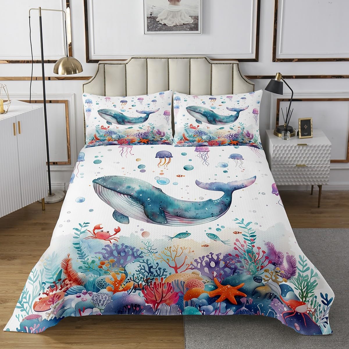 Erosebridal Cute Whale Coverlet Set King Size Marine Life Bedspread Set Dreamy Coral Jellyfish Starfish Crab Bedspread Sets for Kids Girls Boys Magical Underwater World Quilr Bed Sets
