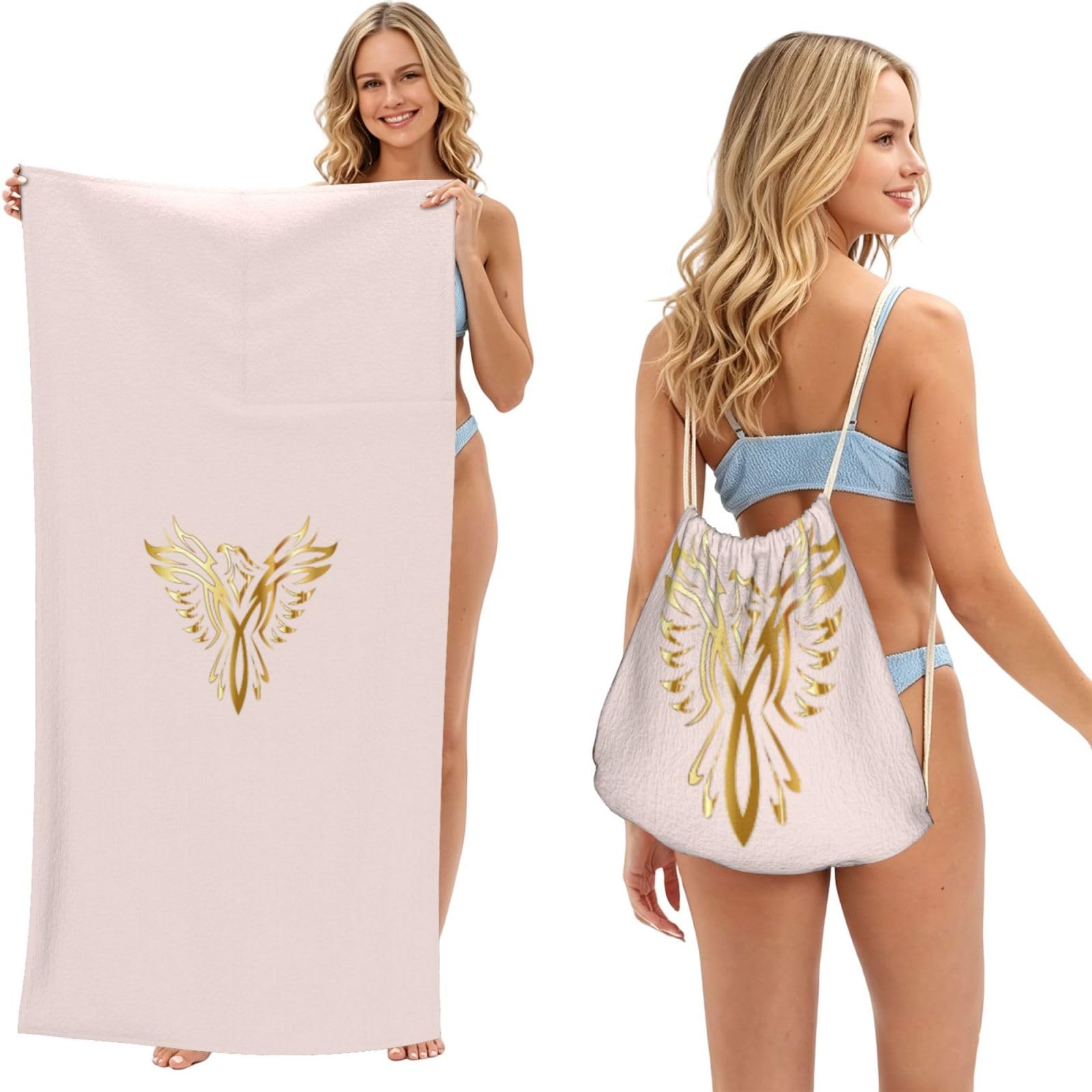aacxzff Phoenix Print 2 in 1 Packable Towel Bag, Drawstring Beach Towel Backpack,80x160cm for Beach trips