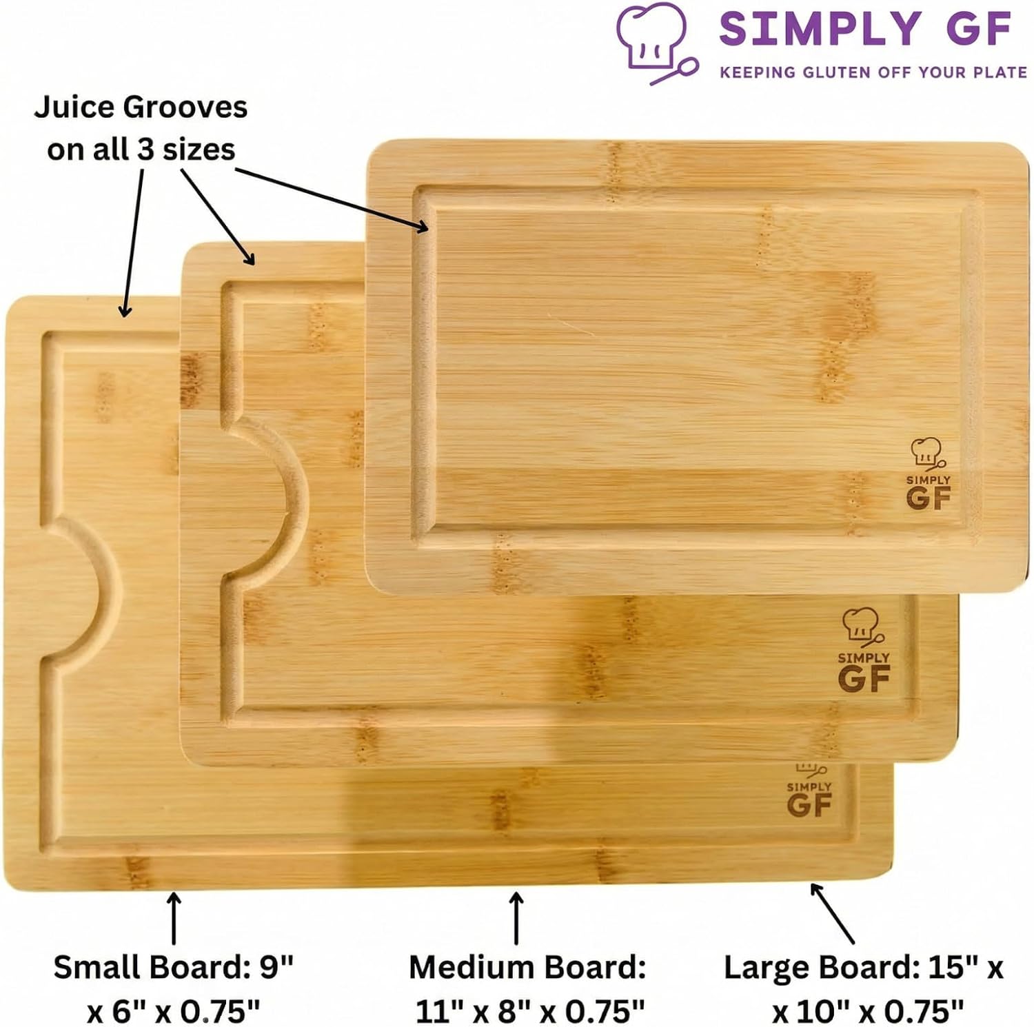 8-Piece Bamboo Cutting Board & Utensil Set – 3 Extra-Thick Boards with Juice Grooves (15", 11", 9") + 5 Cooking Utensils – Dedicated Gluten-Free Kitchen Tools, Ideal for Mixed-Diet Homes