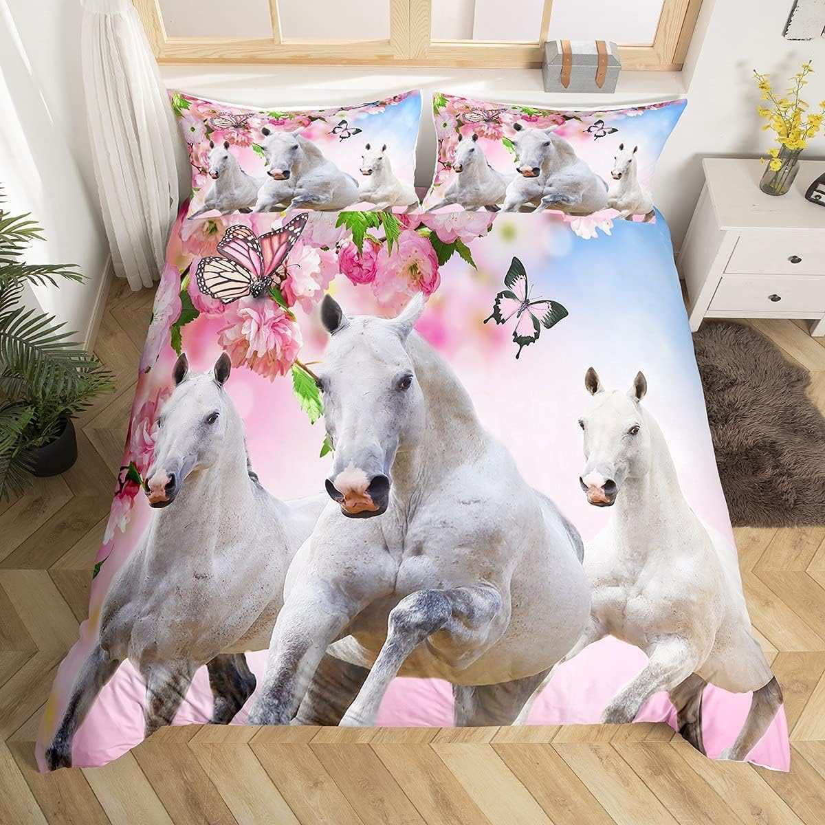 Loussiesd Single Girl Horse Bedding Set Children Pink Flowers White Pegasus Duvet Cover Cherry Blossom Butterfly Comforter Cover Set 3D Wildlife Bedroom Decoration