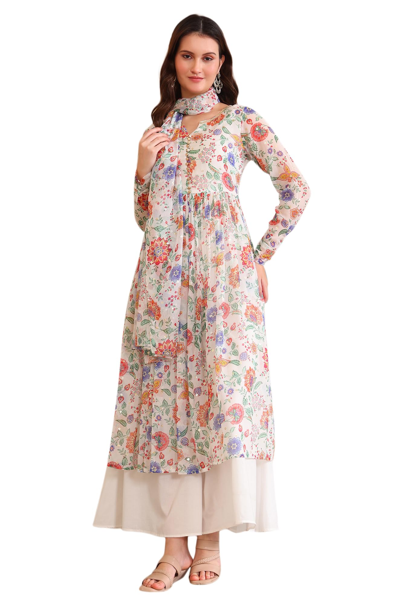 aurelia Women's Floral Printed Hand Work Straight Georgette Yellow Kurta, Tight and Dupatta Set-picture-47