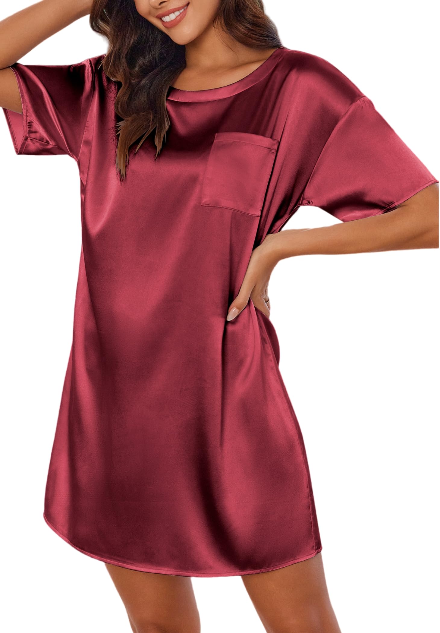 Silk Sleep Shirts for Women Satin Nightshirt Tshirt Nightgown Sleepwear Shirt Dress With Chest Pocket S-2XL