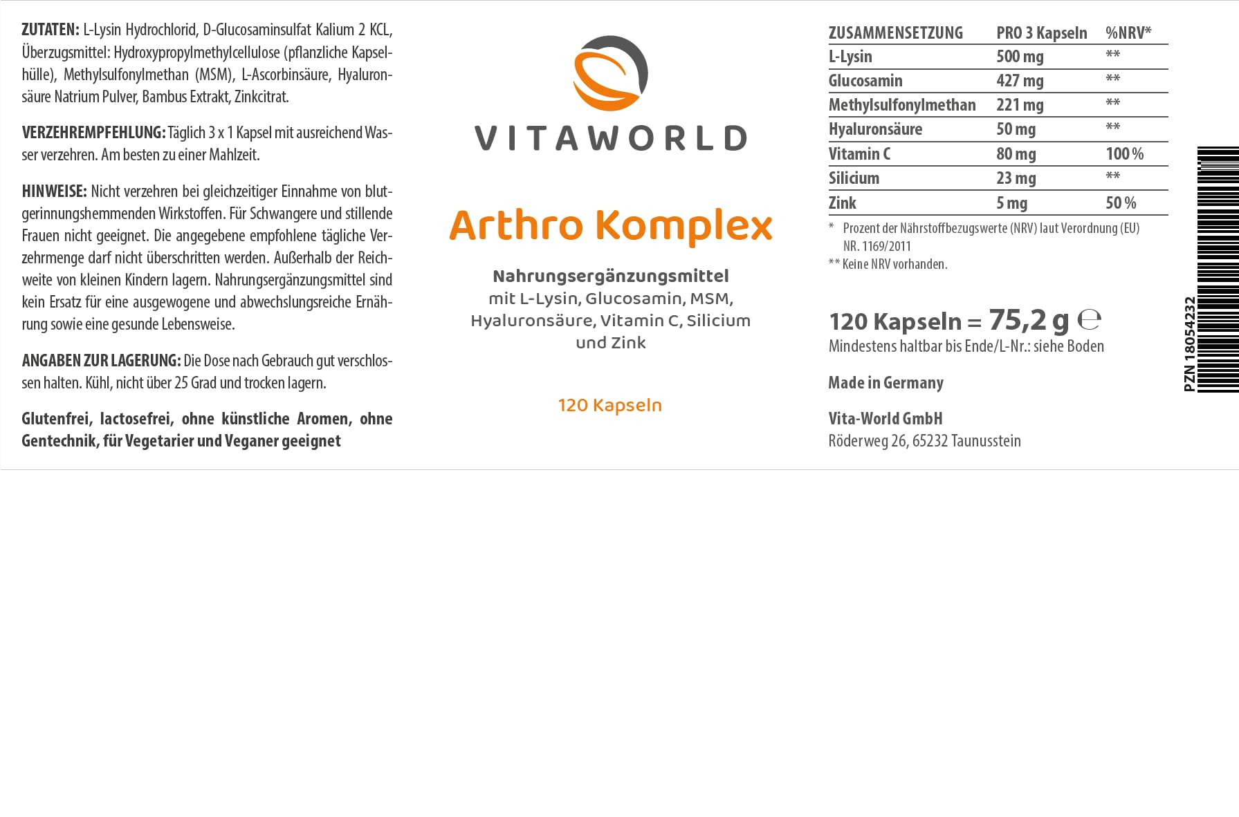3er Pack Vita World Arthro Komplex 3 x 120 Kapseln VEGAN Gelenk Glucosamin, MSM, Hyaluronsäure, Lysin Apotheke Herstellung