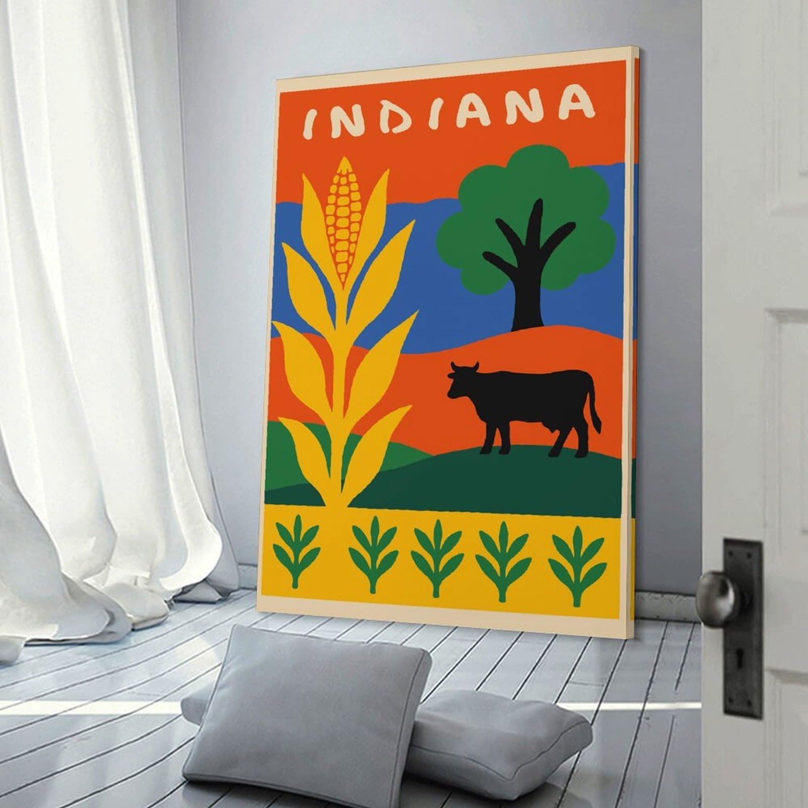 Junmoney Frame-Style-11-2 Indiana Landscape Illustration With Corn And Cow Canvas Art Print, 24X36inch(60X90cm), For Office Decor, Home Working Or Creative Rooms, A Smart Decor Choice For Study Walls