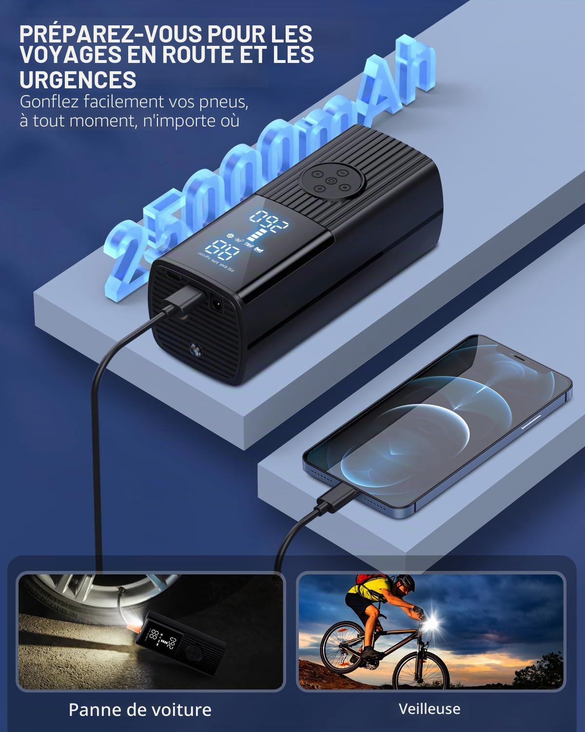 Compresseur d'air portable de 180 PSI avec batterie de 25 000 mAh, 3 x gonflage rapide sans fil pour voiture, moto, vélo, ballon