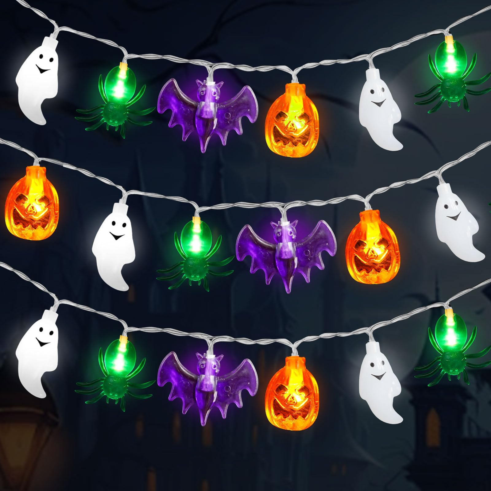 Luci decorative per Halloween, 6 m, 40 LED, 3D, zucca, pipistrello, fantasma, ragno, a batteria, luci scintillanti impermeabili per casa, porta, portico, interni ed esterni, decorazione per feste di