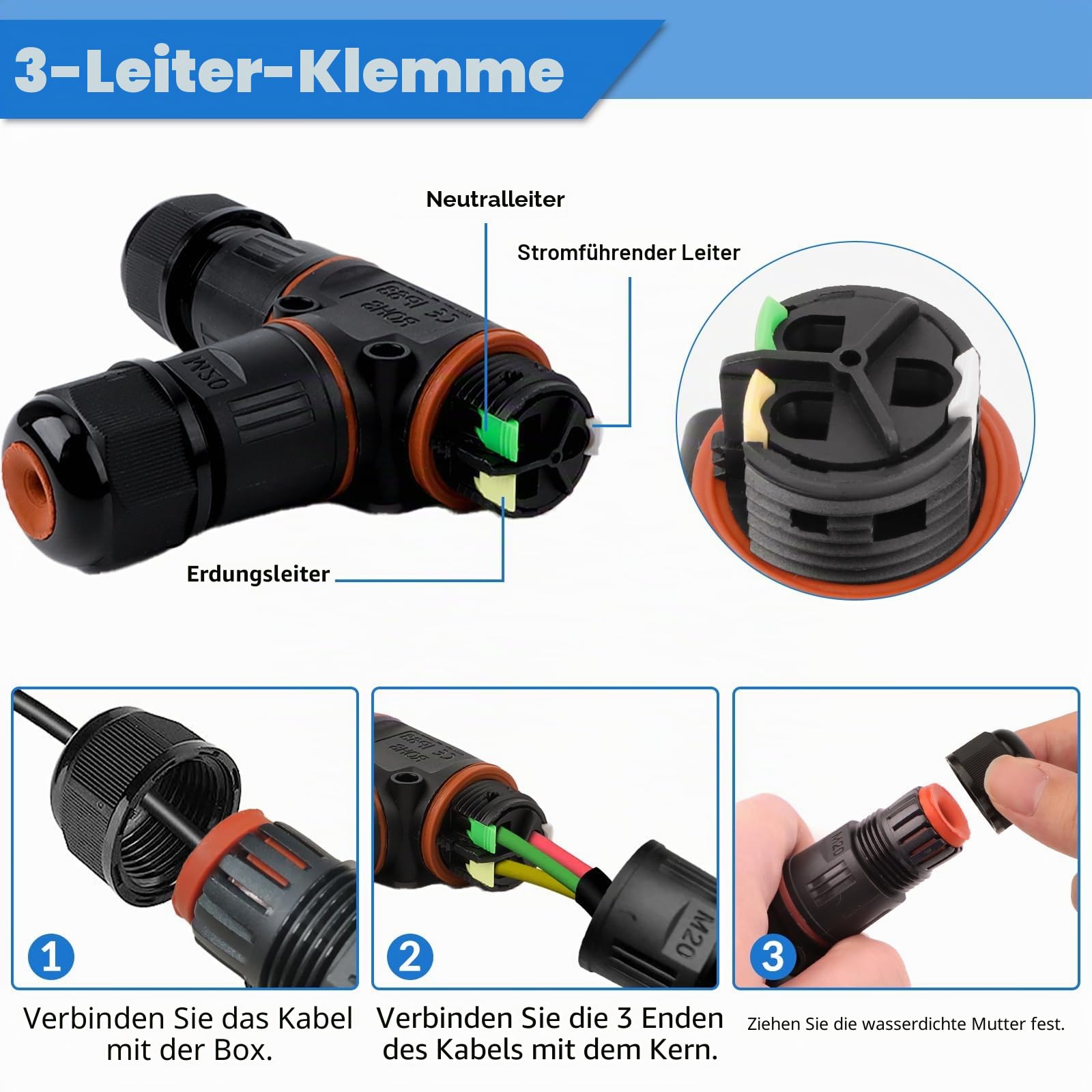 12 Stück Kabelverbinder Wasserdicht IP68, T-Form Verteilerdose Klemmdose Kabelverbinder Wasserdicht 3-polig Erdkabel Verbindungsmuffe für Ø3-12 mm Kabeldurchmesser, Acrylnitril-Butadien-Styrol