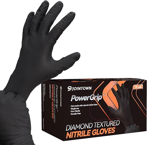 Jointown 10 Mil Heavy Duty Nitrile Disposable Mechanic Gloves with Raised Diamond Texture Grip, Latex-Free Jointown 10 Mil Heavy Duty Nitrile Disposable Mechanic Gloves with Raised Diamond Texture Grip, Latex-Free