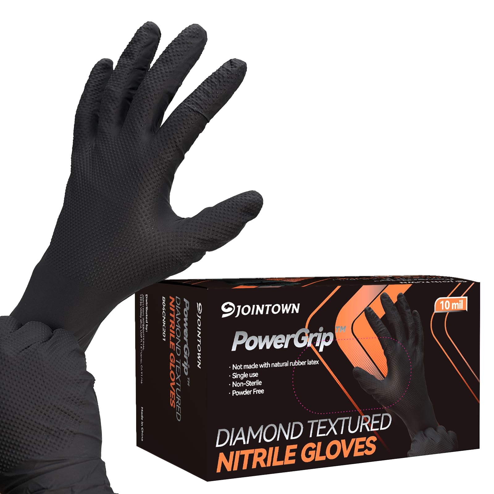 Jointown Verbesserte 10 mm robuste Nitrilhandschuhe, Mechaniker-Handschuhe, Nitril-Einweghandschuhe, mit erhöhter Diamantstruktur, 100 Stück, Schwarz, Größe L