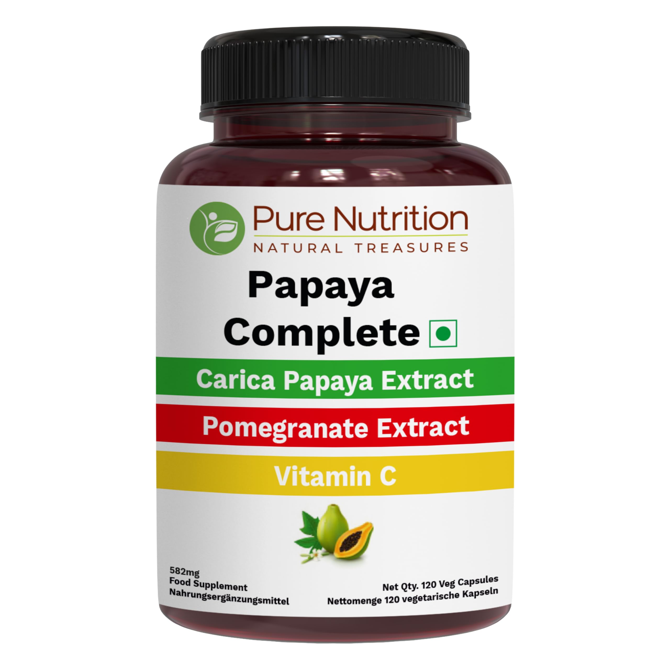 Pure Nutrition Papaya Complete | 120 Caps | Carica Papaya Leaf Extract with Iron, VIT C, VIT A & Folic Acid | Supports Platelet Immunity & Digestion Non-GMO | Gluten-Free