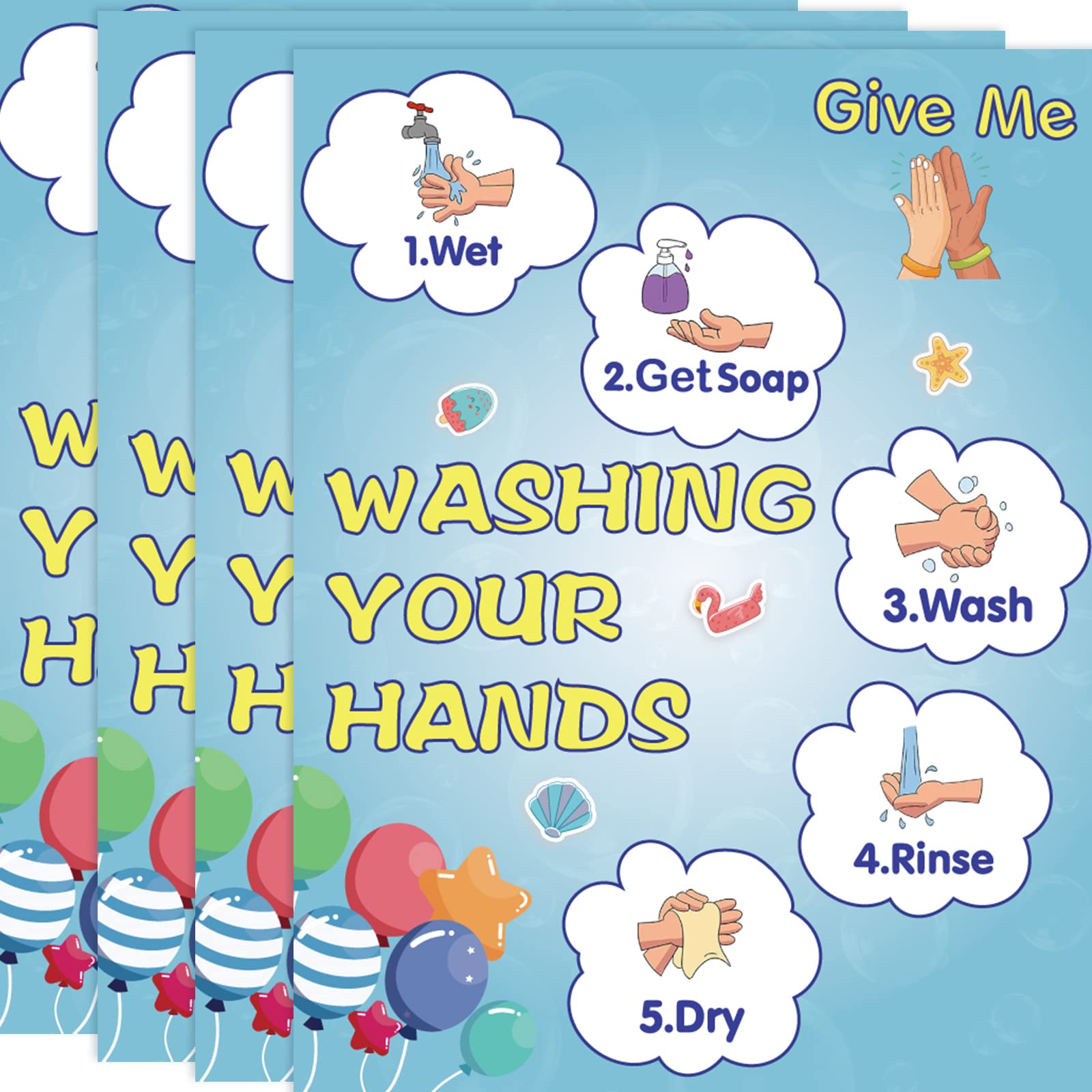 IPonfees 4Pack Washing Your Hands Poster, Tear-Resistant and Water-Resistant Hand Washing Signs for Kids, 14×11 Inch Give Your Hands Poster for Classroom, How to Wash Your Hands Instruction Posters