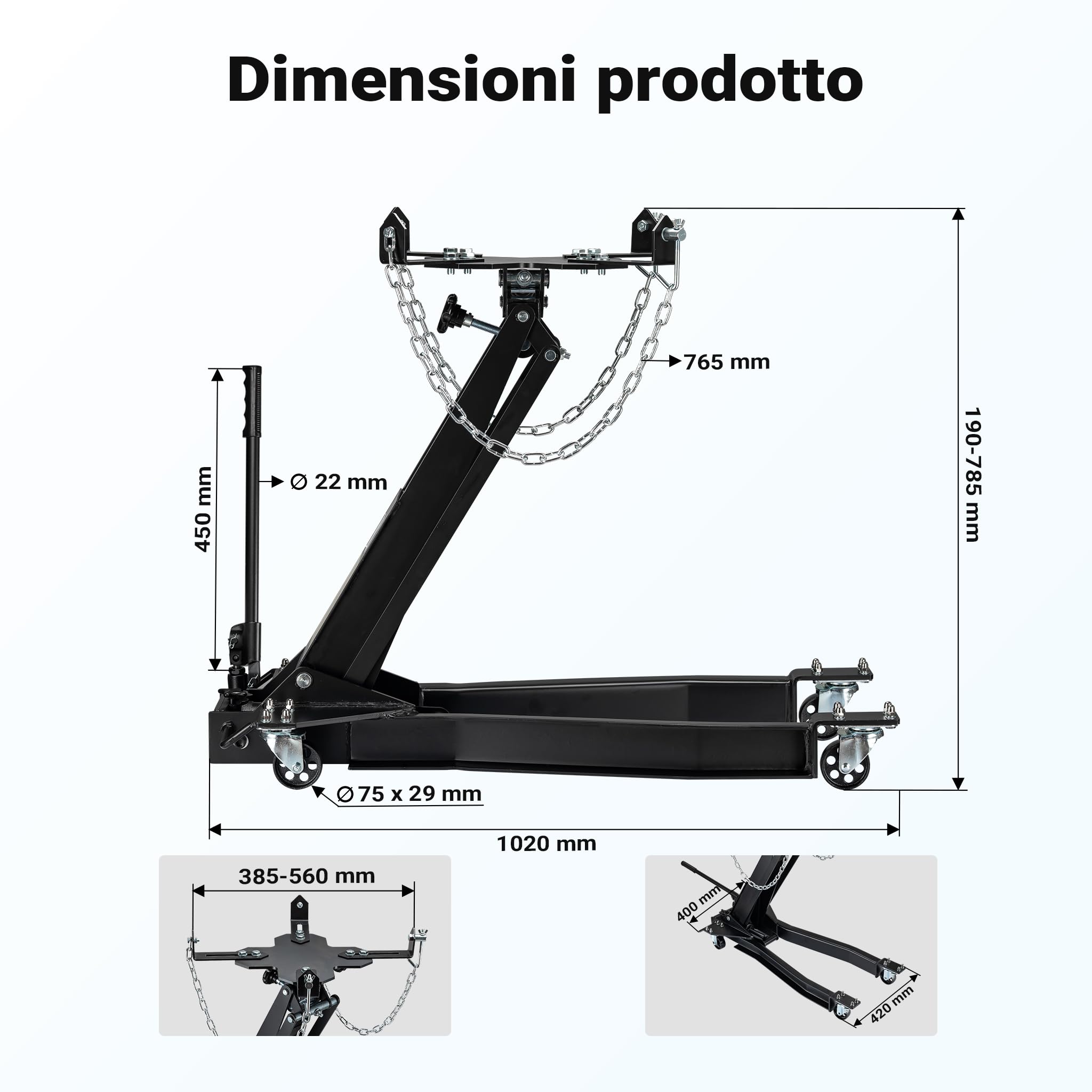 Wiltec Sollevatore cambio fino a 1 t, regolabile 180-790 mm | Gru per motori, blocco motore, con ruote