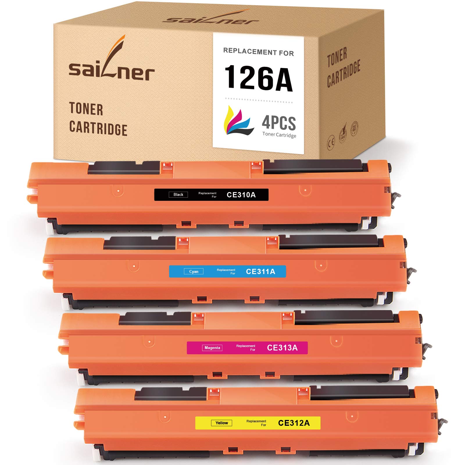 SAILNERRemanufactured Toner Cartridges Replacement for HP 126A CE310A CE311A CE312A CF313A use with Laserjet Pro 100 Color MFP M175NW CP1025NW (Black Cyan Magenta Yellow, 4 Pack)