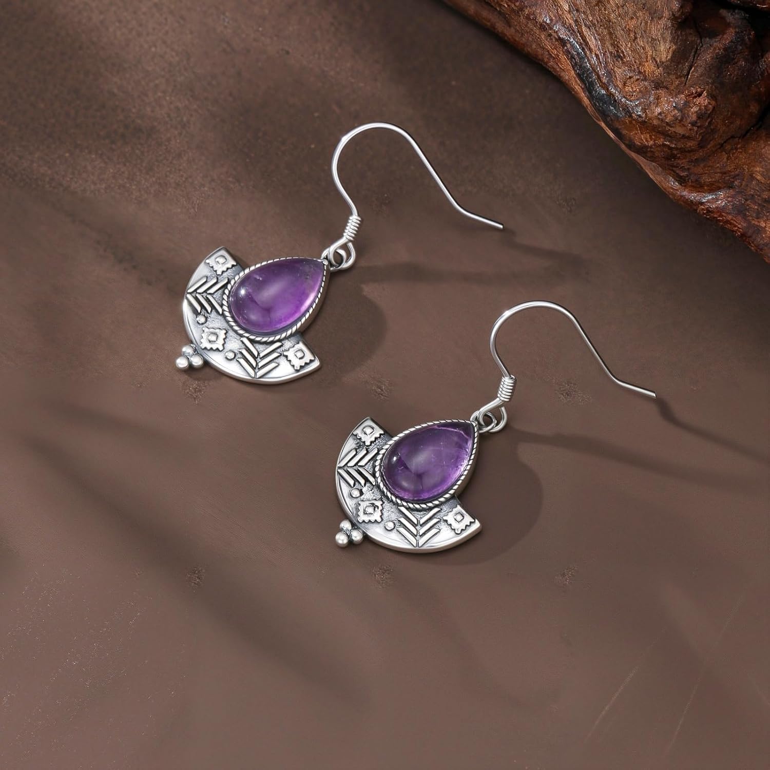 Natural Amethyst Vintage Tribal Dangle Earrings for Women, 925 Sterling Silver Teardrop Gemstone Earrings, Boho Ethnic Statement Jewelry Gift - Image 5