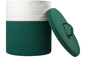 Green and White Rope Storage Basket with Lid